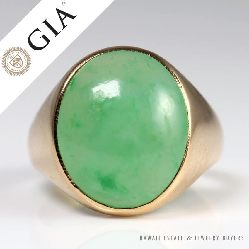 1960s DAWKINS BENNY GIA CERTIFIED A JADE GREEN 14K YELLOW GOLD MENS RING SZ 11.25