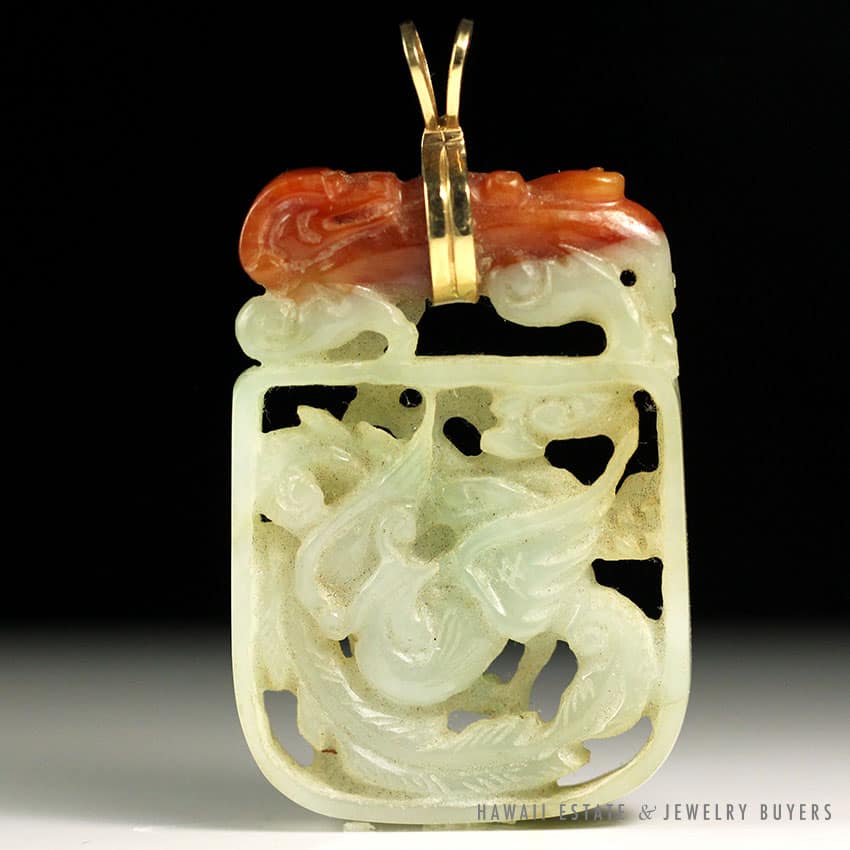 NATURAL JADEITE JADE MULTI-COLOR CARVED 14K YELLOW GOLD PENDANT W/ APPRAISAL