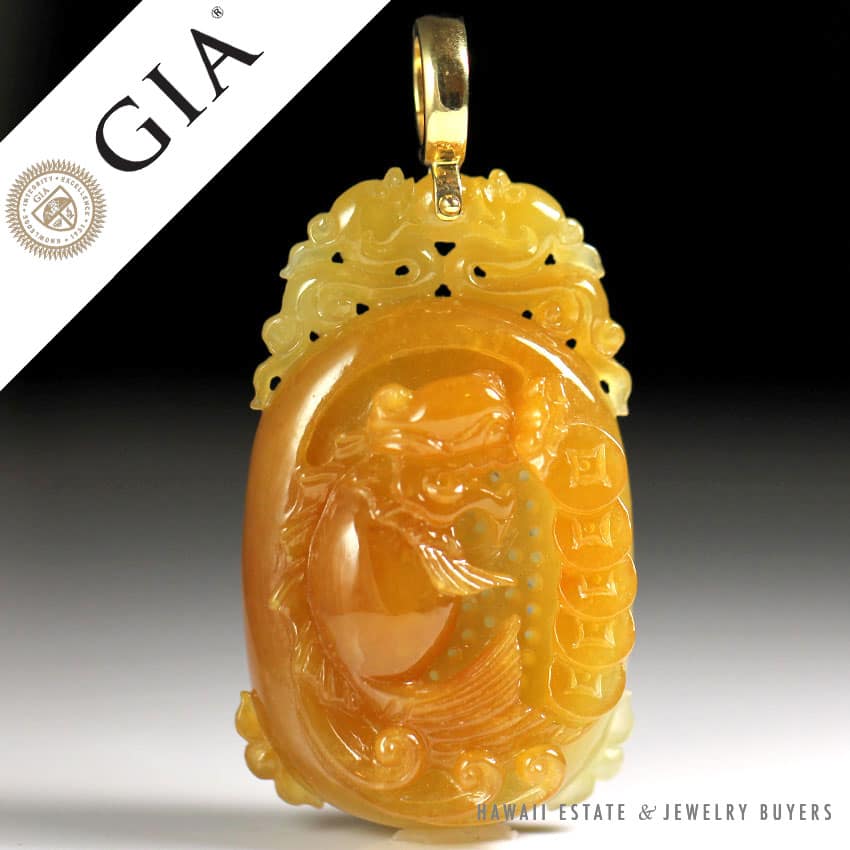 GIA CERTIFIED NATURAL YELLOW JADEITE JADE KOI FISH CARVED 18K YELLOW GOLD PENDANT