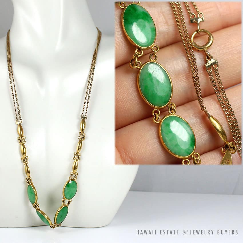 VINTAGE NATURAL APPLE GREEN JADE CABOCHON 14K 22K YELLOW GOLD NECKLACE W/ PAPER