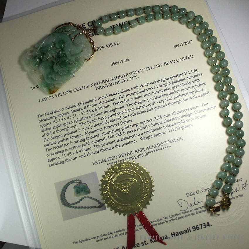 NATURAL BURMESE JADEITE JADE GREEN CARVED DRAGON PENDANT AND JADE BEAD YELLOW GOLD NECKLACE W/ GEMOLOGIST APPRAISAL - Image 4