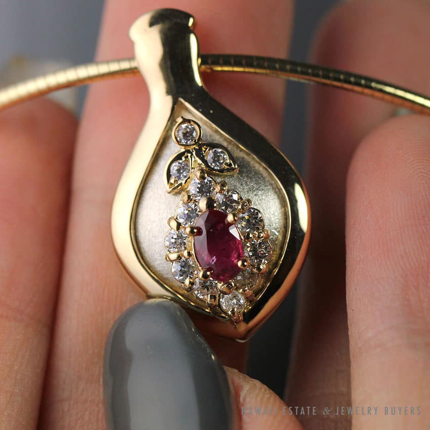 NATURAL RUBY & .23CTW DIAMOND 14K YELLOW GOLD NECKLACE EARRINGS & RING SET - Image 3