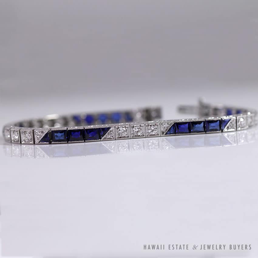 OLD EUROPEAN DIAMOND & SAPPHIRE ART DECO PLATINUM LINK BRACELET W/ APPRAISAL