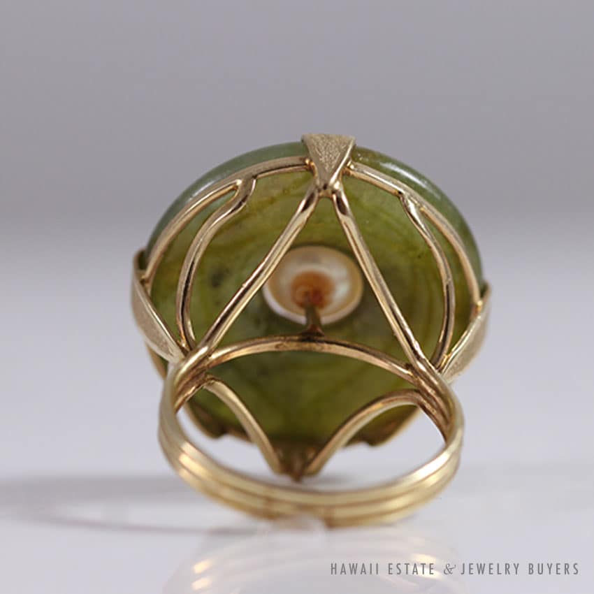 Ming's Hawaii Natural Green Jade Do-nut W/ Cultured Pearl 14K Yellow Gold Ring - Image 3