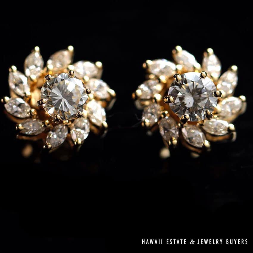 1.15CTW 18K YELLOW GOLD STUD EARRINGS WITH MARQUISE DIAMOND EARRING JACKETS