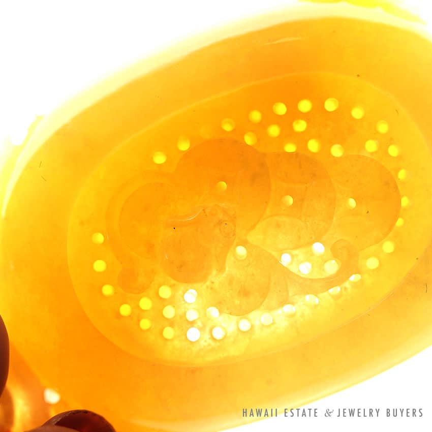 GIA CERTIFIED NATURAL YELLOW JADEITE JADE KOI FISH CARVED 18K YELLOW GOLD PENDANT