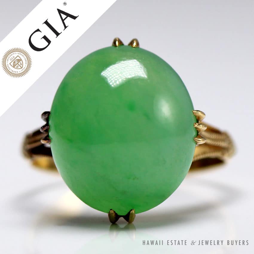 ANTIQUE GIA CERTIFIED A JADE GREEN DOUBLE CABOCHON 18K YELLOW GOLD RING SZ 5.5