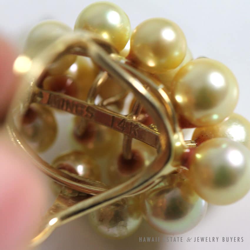 RARE MING'S HAWAII COMPLETE PEARL JADE NECKLACE BRACELET EARRINGS BROOCH & RING - Image 3