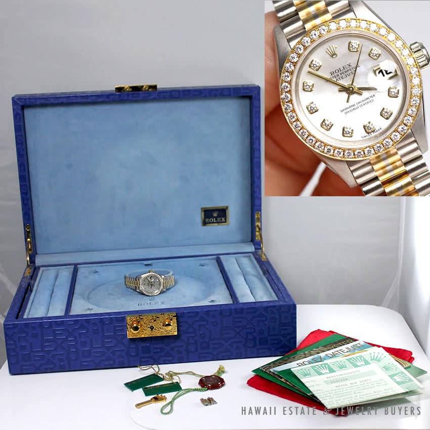 RARE 1990 ROLEX LADIES TRIDOR 69139 FACTORY MOTHER OF PEARL & DIAMOND DIAL 25MM