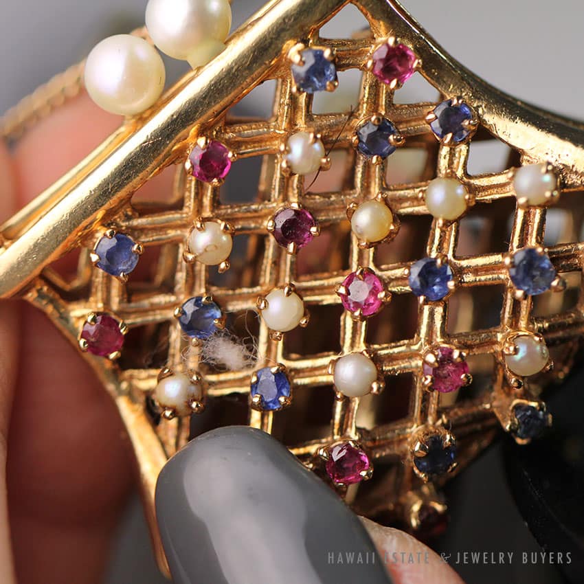 NATURAL PINK & BLUE SAPPHIRE RUBY PEARL 14K YELLOW GOLD MINIATURE PURSE PENDANT - Image 2