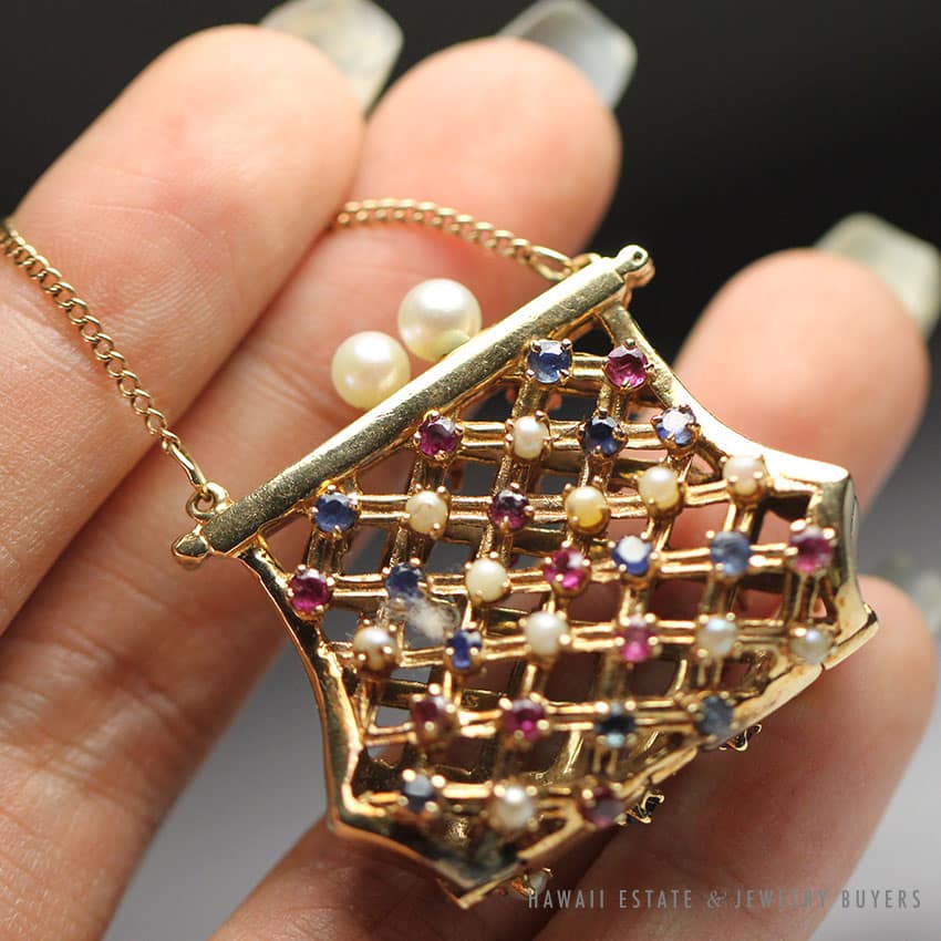 NATURAL PINK & BLUE SAPPHIRE RUBY PEARL 14K YELLOW GOLD MINIATURE PURSE PENDANT - Image 3