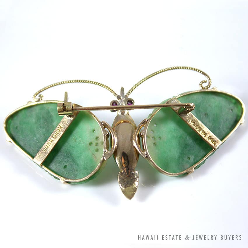 Vintage Apple-Green Jadeite Jade & Ruby Butterfly 14K Yellow Gold Brooch - Image 3