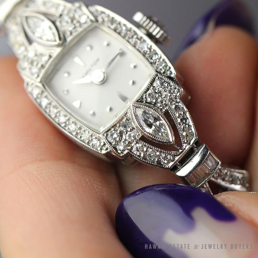 VINTAGE HAMILTON 1.66CTW DIAMOND PLATINUM WRIST WATCH W/ GEMOLOGIST APPRAISAL