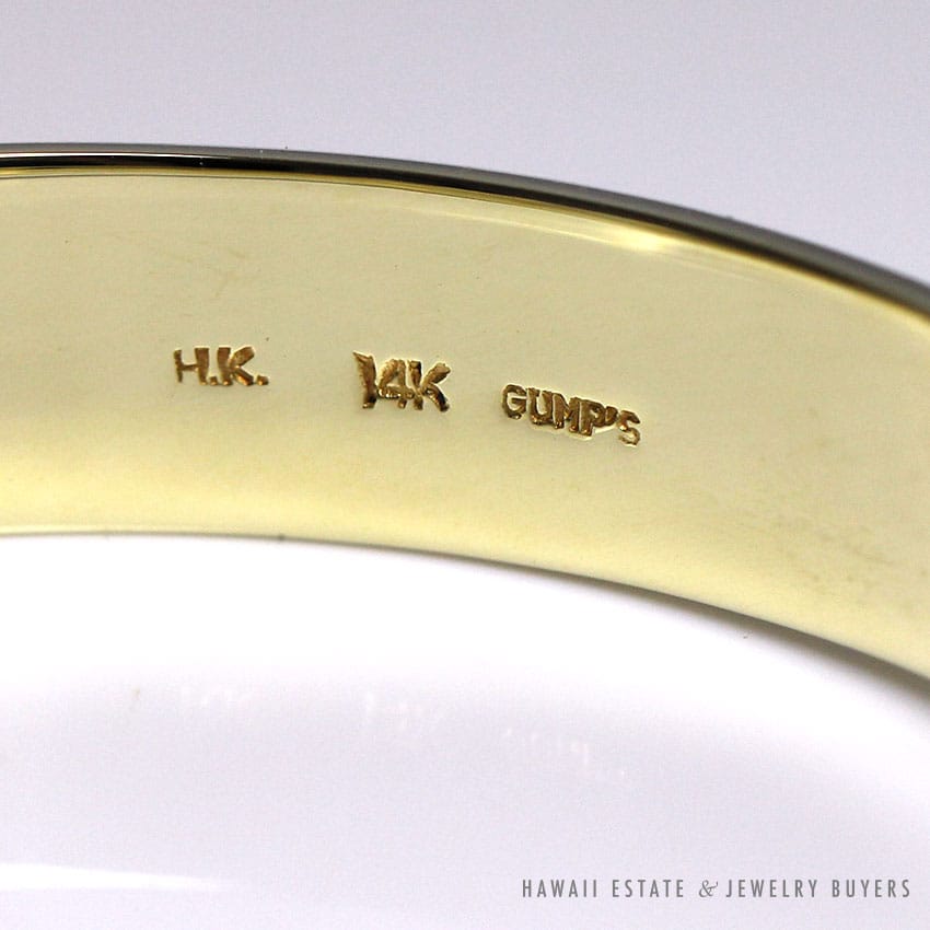 GUMP'S VINTAGE IMPERIAL JADE CABOCHON 14K YELLOW GOLD HINGED BANGLE BRACELET - Image 3