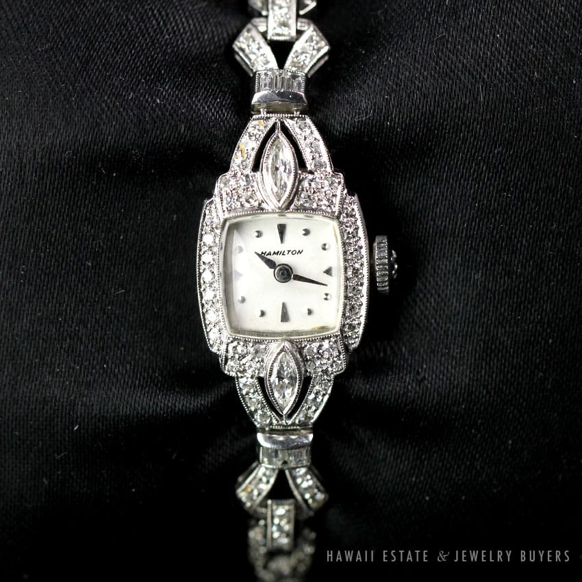 VINTAGE HAMILTON 1.66CTW DIAMOND PLATINUM WRIST WATCH W/ GEMOLOGIST APPRAISAL