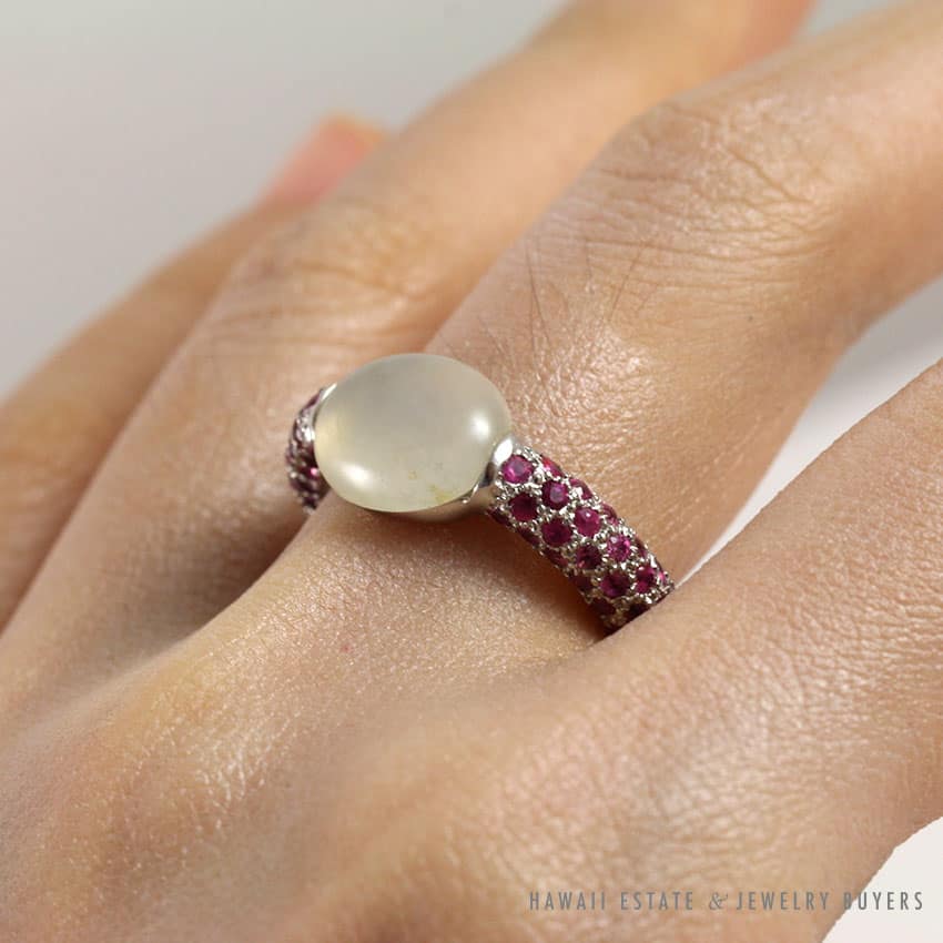 WOMEN'S DESIGNER ICE JADE PALE GREY JADE & PINK PURPLE SAPPHIRE WHITE GOLD RING - Image 2