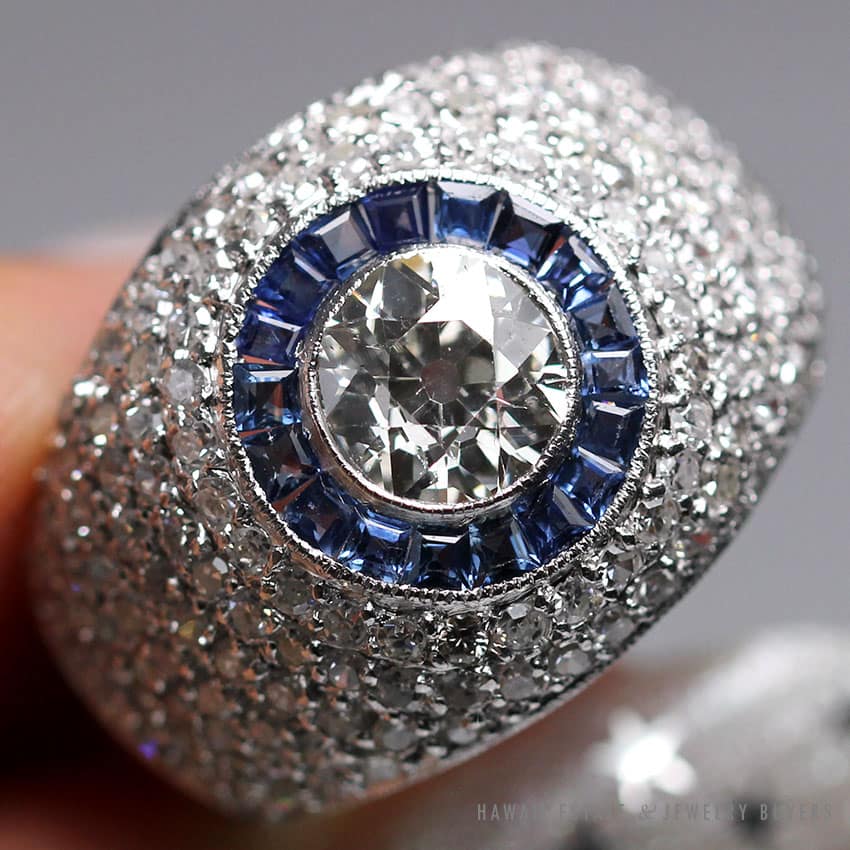 ESTATE 0.98CT EUROPEAN DIAMOND W/ NATURAL SAPPHIRES & 1.50CTW DIAMONDS SETTING PLATINUM RING - Image 3