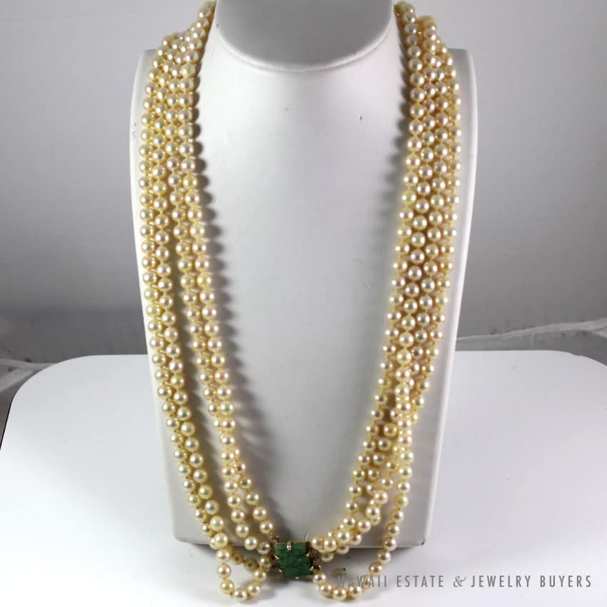 RARE MING'S HAWAII COMPLETE PEARL JADE NECKLACE BRACELET EARRINGS BROOCH & RING - Image 4