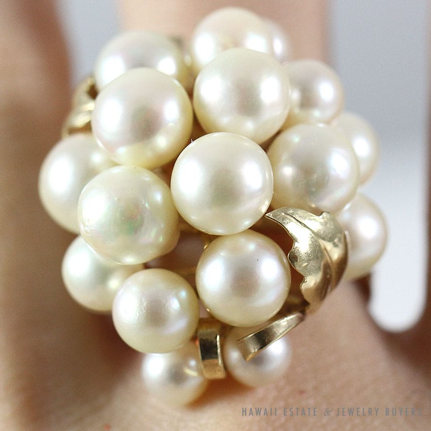 MING'S HAWAII WHITE PEARL CLUSTER 14K YELLOW GOLD RING (SZ 5.75)
