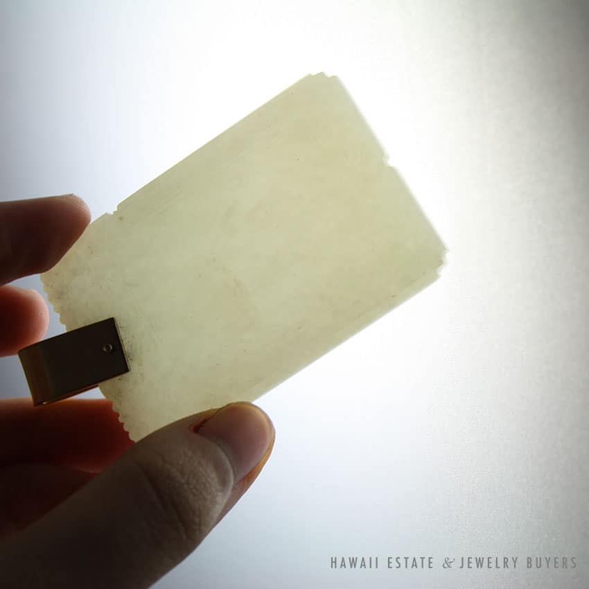 IMPORTANT 19C CHINESE MUTTON FAT WHITE JADE CARVED OLD MAN WITH CANE YELLOW GOLD LARGE PENDANT - Image 2