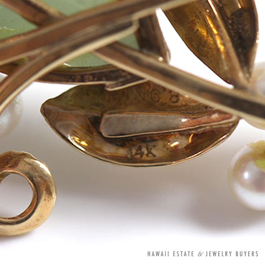 Ming's Hawaii Natural Green Jade & Cultured Pearl Floral Branch 14K Yellow Gold Brooch - Image 3