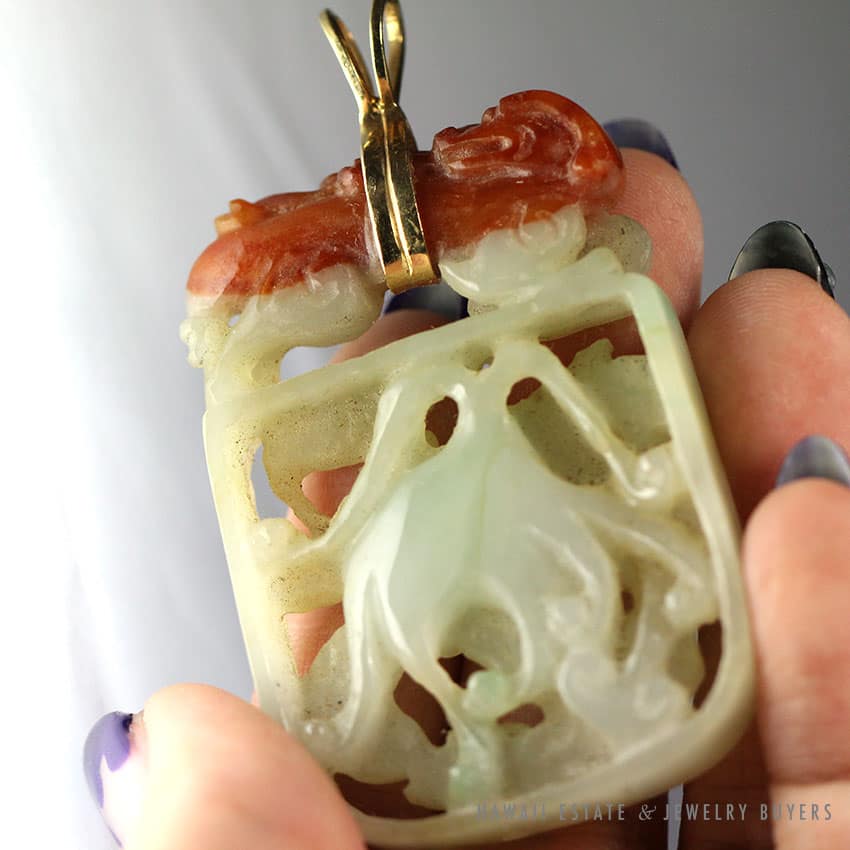 NATURAL JADEITE JADE MULTI-COLOR CARVED 14K YELLOW GOLD PENDANT W/ APPRAISAL - Image 3