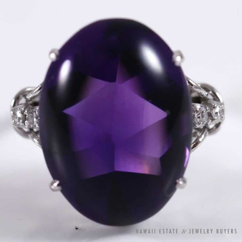 VINTAGE LARGE AMETHYST & DIAMOND SCROLL WORK PLATINUM RING SIZE 5.25