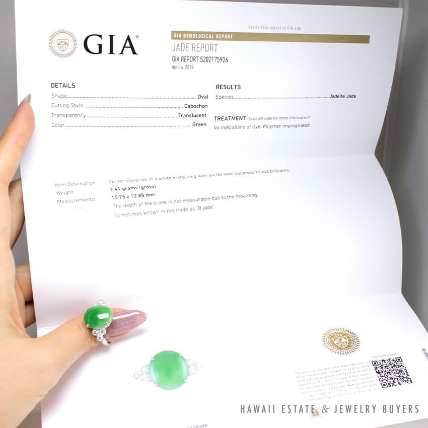 GIA CERTIFIED TRANSLUCENT GREEN JADE 0.30CTW DIAMOND 18K WHITE GOLD RING SZ 8.5 - Image 2