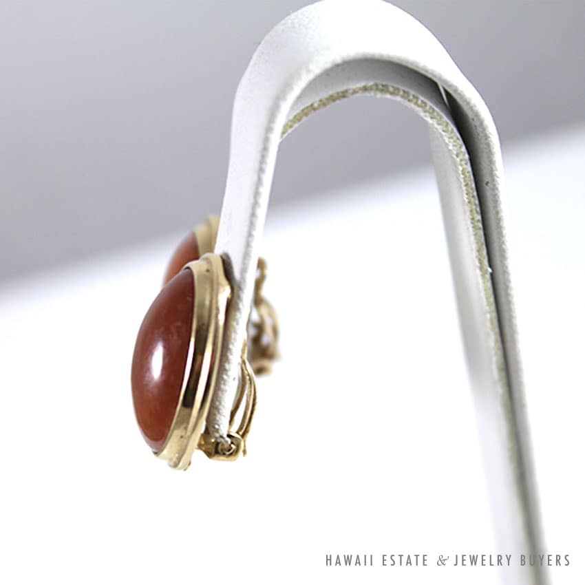 Ming's Hawaii Natural Orange-Brown Jade Cabochon 14K Yellow Gold Clip-On Earrings - Image 2