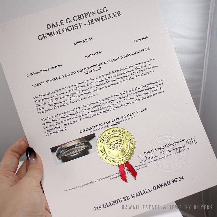 VINTAGE SAPPHIRE DIAMOND 14K YELLOW GOLD HINGED BANGLE BRACELET W/ APPRAISAL - Image 2