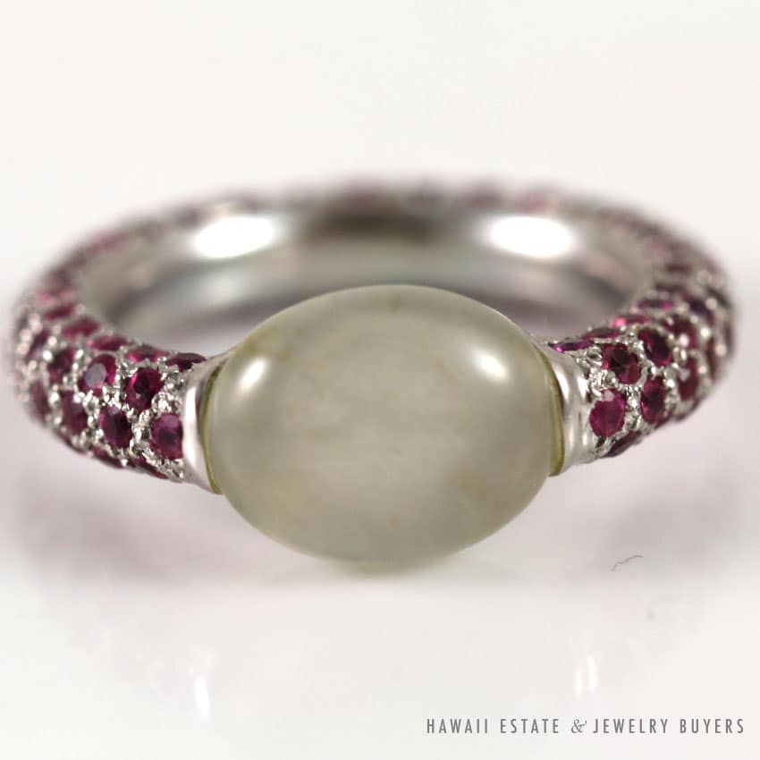 WOMEN'S DESIGNER ICE JADE PALE GREY JADE & PINK PURPLE SAPPHIRE WHITE GOLD RING