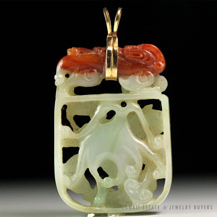 NATURAL JADEITE JADE MULTI-COLOR CARVED 14K YELLOW GOLD PENDANT W/ APPRAISAL - Image 4