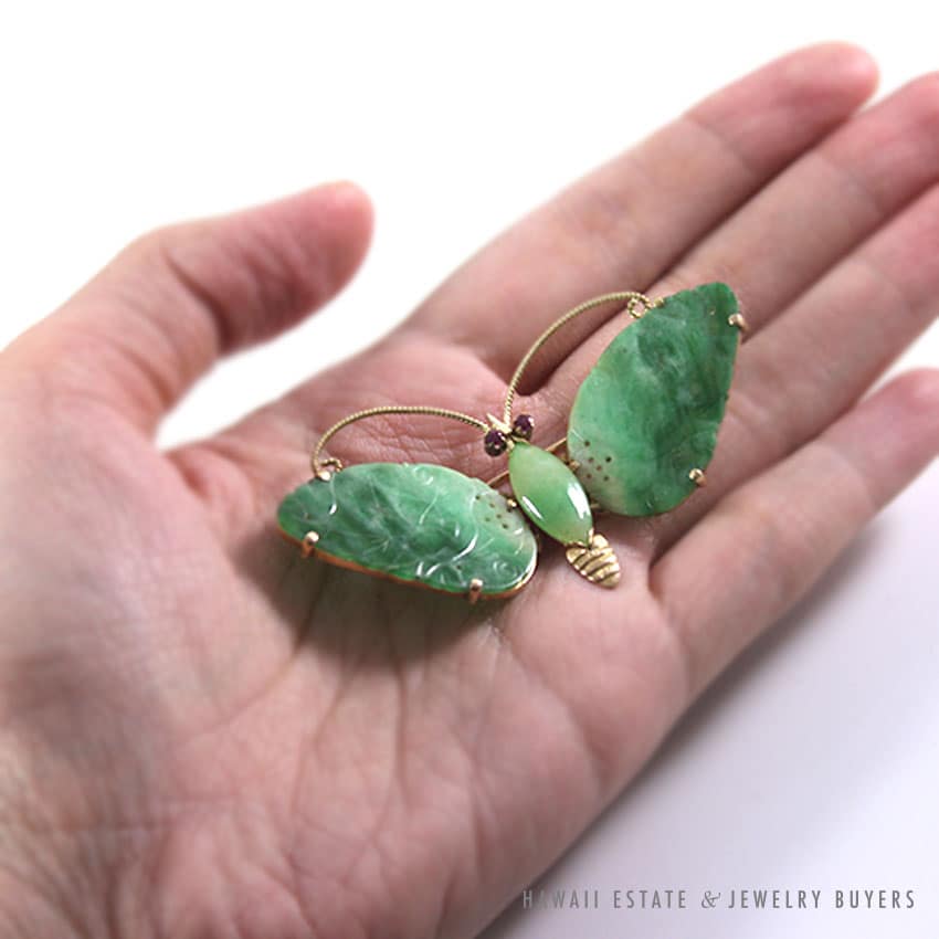 Vintage Apple-Green Jadeite Jade & Ruby Butterfly 14K Yellow Gold Brooch - Image 4