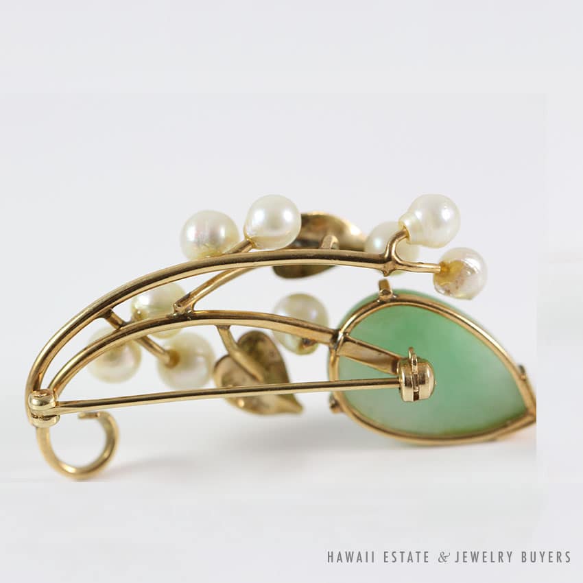 MING'S HAWAII APPLE GREEN JADEITE JADE & PEARL CLUSTER 14K YELLOW GOLD BROOCH - Image 4