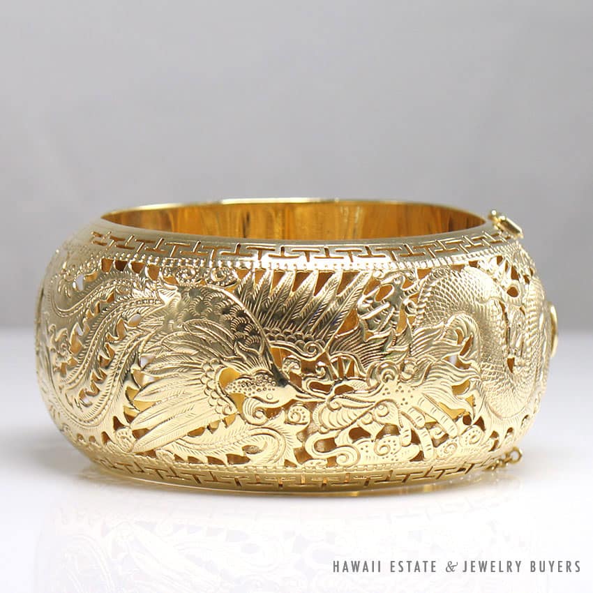 VINTAGE RARE PO SUN HON 38MM THICK DRAGON PHOENIX 14K YELLOW GOLD