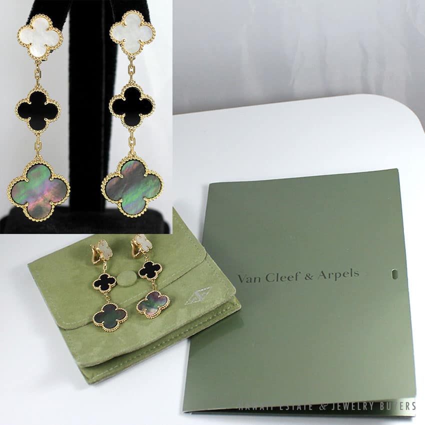 VAN CLEEF & ARPELS MAGIC ALHAMBRA 3 MOTIFS ONYX MOTHER OF PEARL 18K EARRINGS