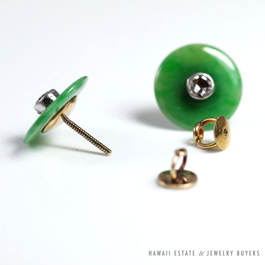 GIA GRADE A TYPE A JADEITE JADE GREEN ART DECO OLD EUROPEAN DIAMOND 14K EARRINGS - Image 3