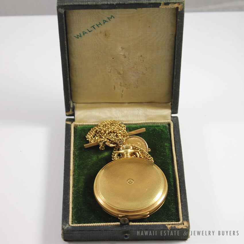 ANTIQUE AMERICAN WALTHAM YELLOW GOLD HUNTER'S CASE 18K YELLOW GOLD POCKET WATCH - Image 3