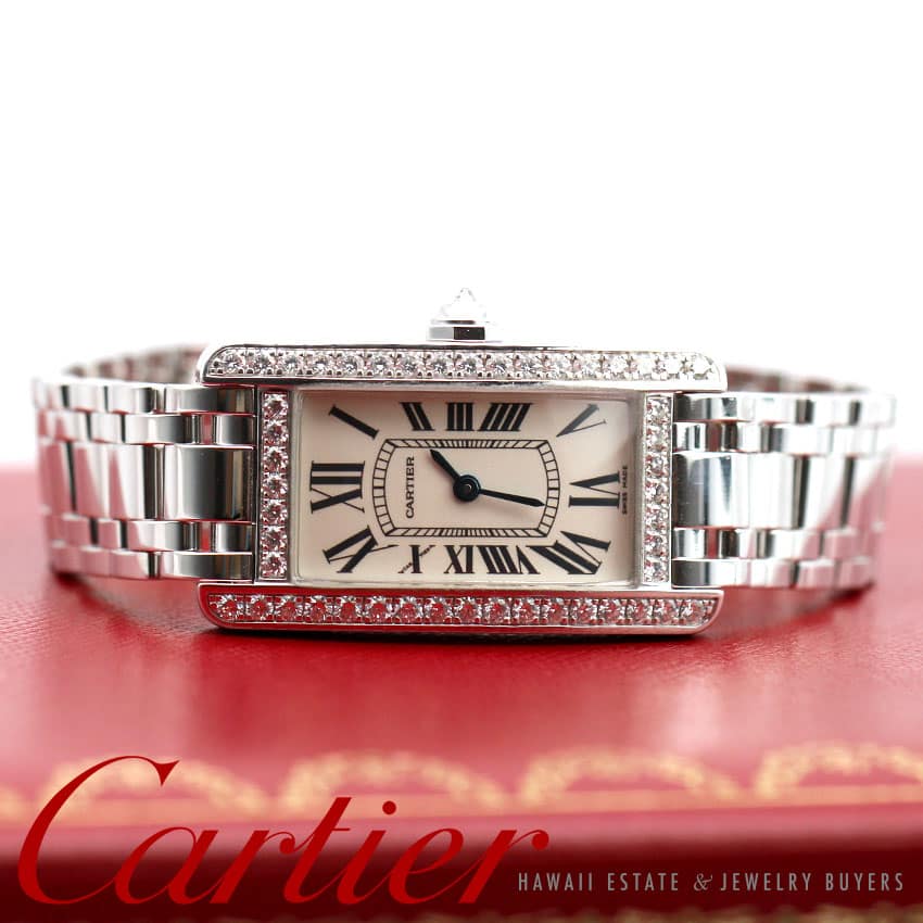 CARTIER LADIES TANK AMERICAINE 2489 FACTORY DIAMOND BEZEL 18K WHITE GOLD W/ BOX