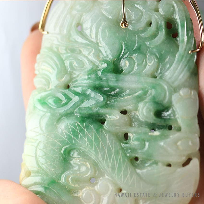 NATURAL BURMESE JADEITE JADE GREEN CARVED DRAGON PENDANT AND JADE BEAD YELLOW GOLD NECKLACE W/ GEMOLOGIST APPRAISAL - Image 3