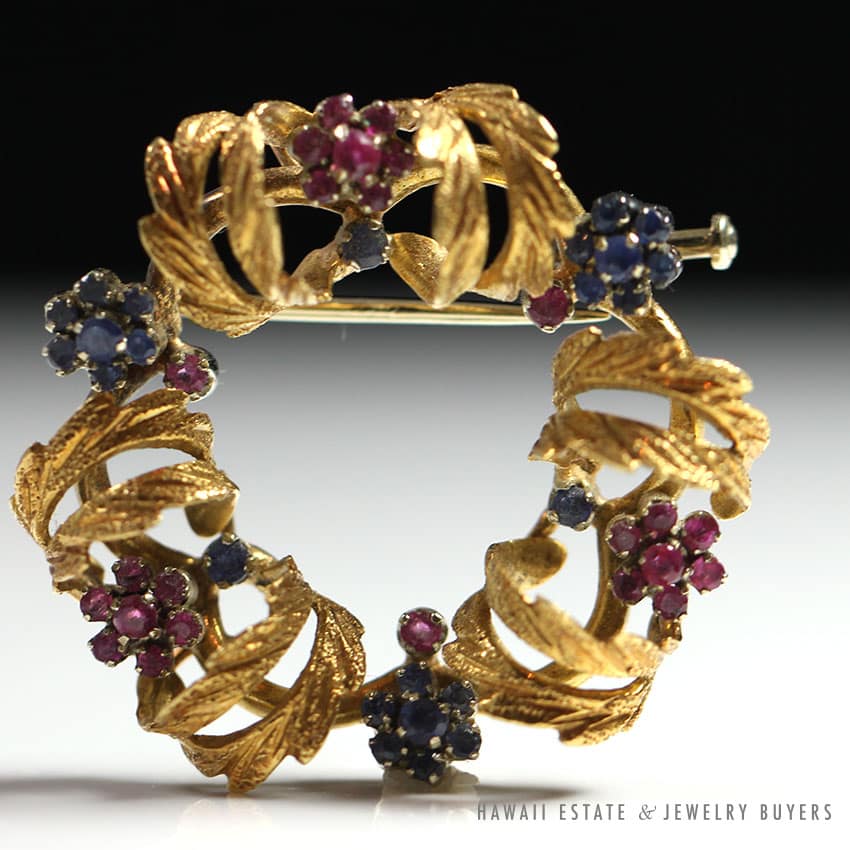 VINTAGE NATURAL RUBY & SAPPHIRE WREATH 14K YELLOW GOLD BROOCH & EARRINGS SET - Image 4