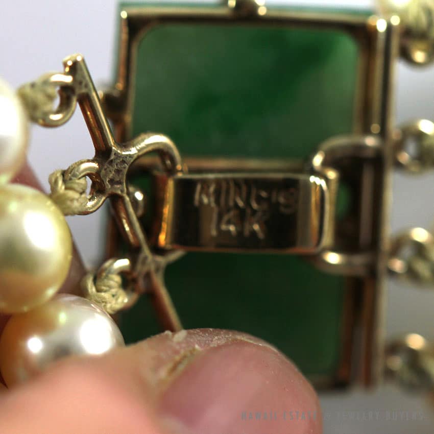 RARE MING'S HAWAII COMPLETE PEARL JADE NECKLACE BRACELET EARRINGS BROOCH & RING - Image 2