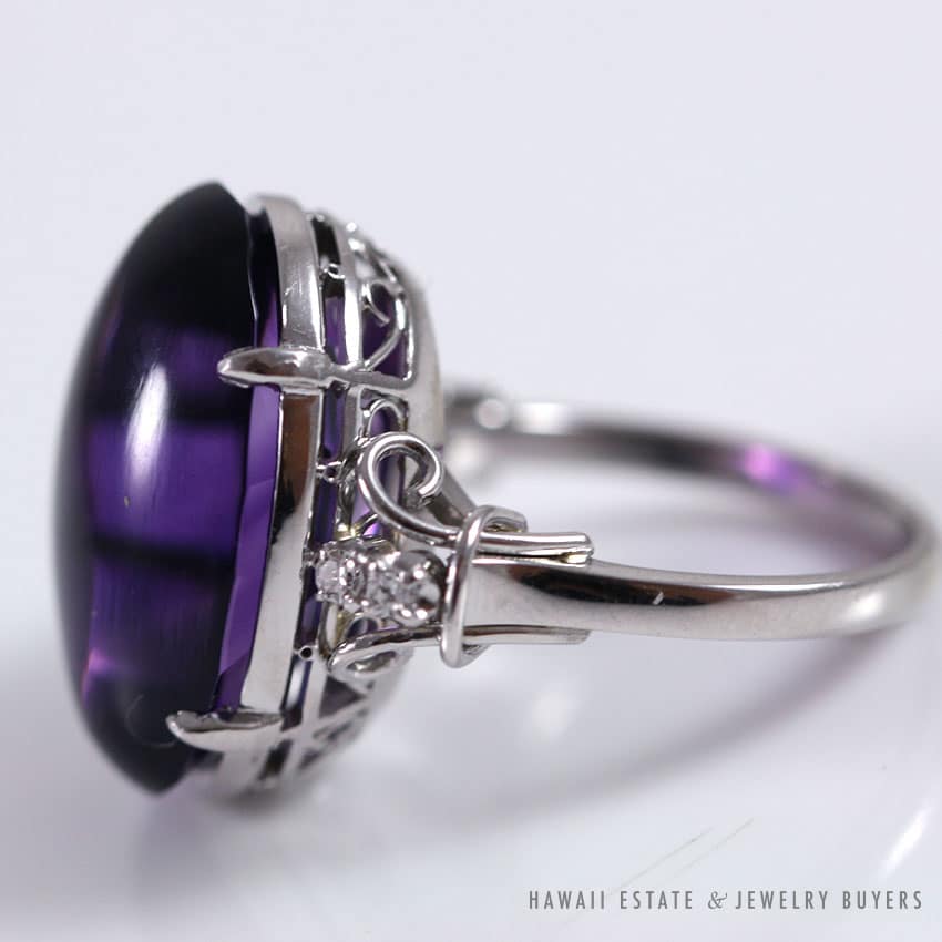 VINTAGE LARGE AMETHYST & DIAMOND SCROLL WORK PLATINUM RING SIZE 5.25 - Image 4