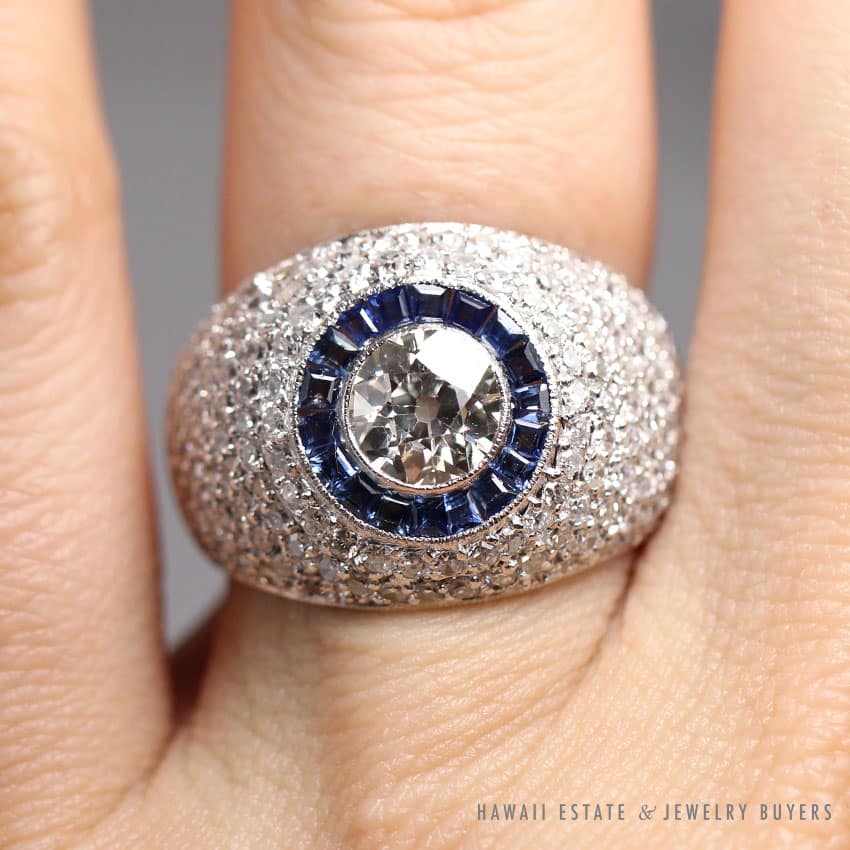 ESTATE 0.98CT EUROPEAN DIAMOND W/ NATURAL SAPPHIRES & 1.50CTW DIAMONDS SETTING PLATINUM RING - Image 2