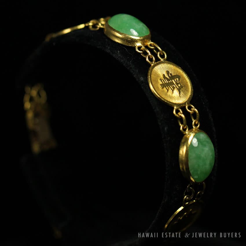 NATURAL GREEN JADEITE JADE CHINESE GOOD LUCK 22K YELLOW GOLD BRACELET