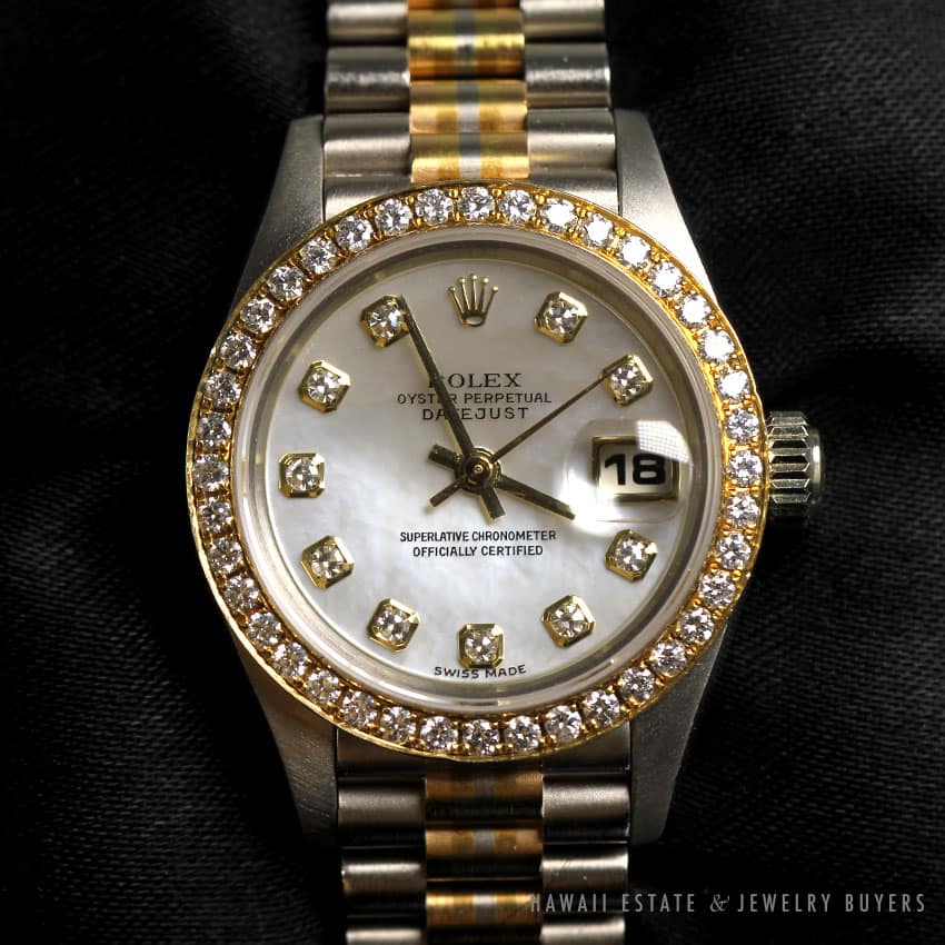 RARE 1990 ROLEX LADIES TRIDOR 69139 FACTORY MOTHER OF PEARL & DIAMOND DIAL 25MM - Image 2