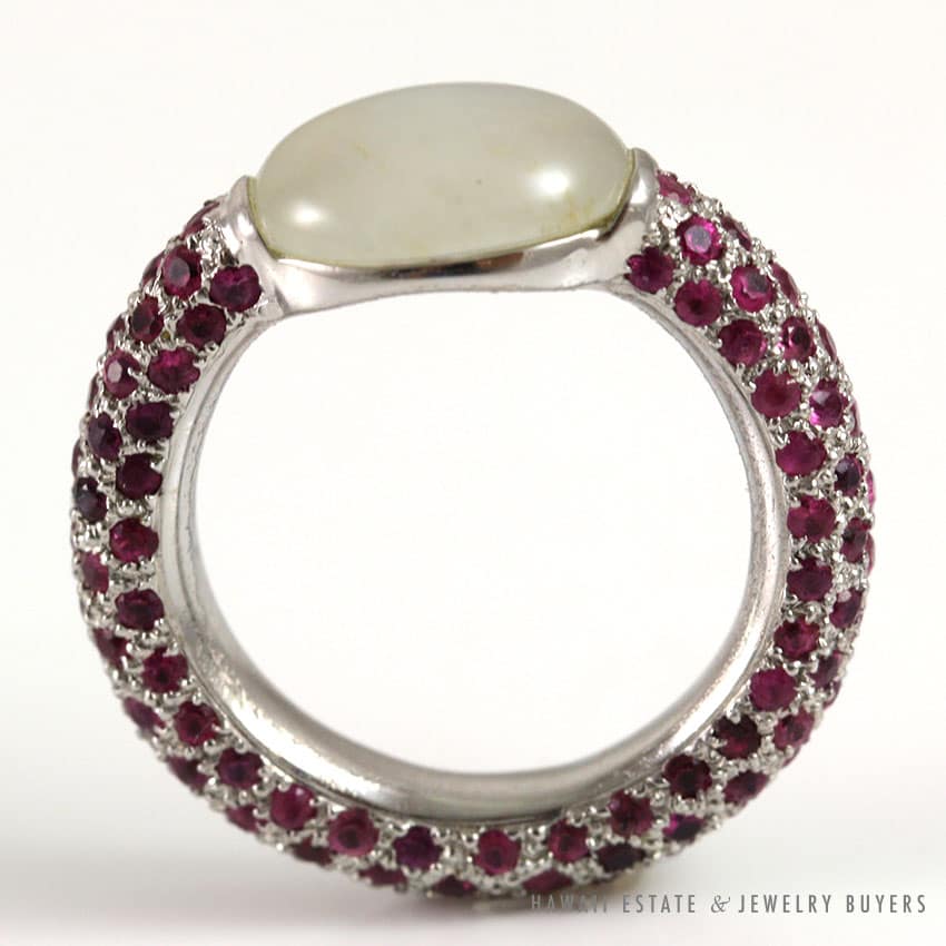 WOMEN'S DESIGNER ICE JADE PALE GREY JADE & PINK PURPLE SAPPHIRE WHITE GOLD RING - Image 3