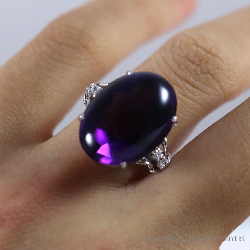 VINTAGE LARGE AMETHYST & DIAMOND SCROLL WORK PLATINUM RING SIZE 5.25 - Image 3