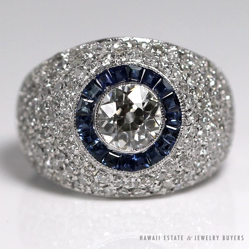 ESTATE 0.98CT EUROPEAN DIAMOND W/ NATURAL SAPPHIRES & 1.50CTW DIAMONDS SETTING PLATINUM RING