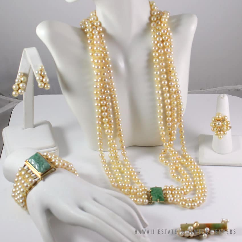 RARE MING'S HAWAII COMPLETE PEARL JADE NECKLACE BRACELET EARRINGS BROOCH & RING